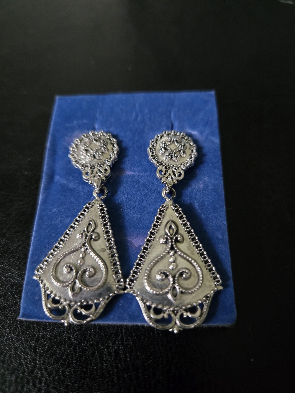 Vintage Silver Filigree Teardrop Dangle Earrings Boho Art Deco Statement